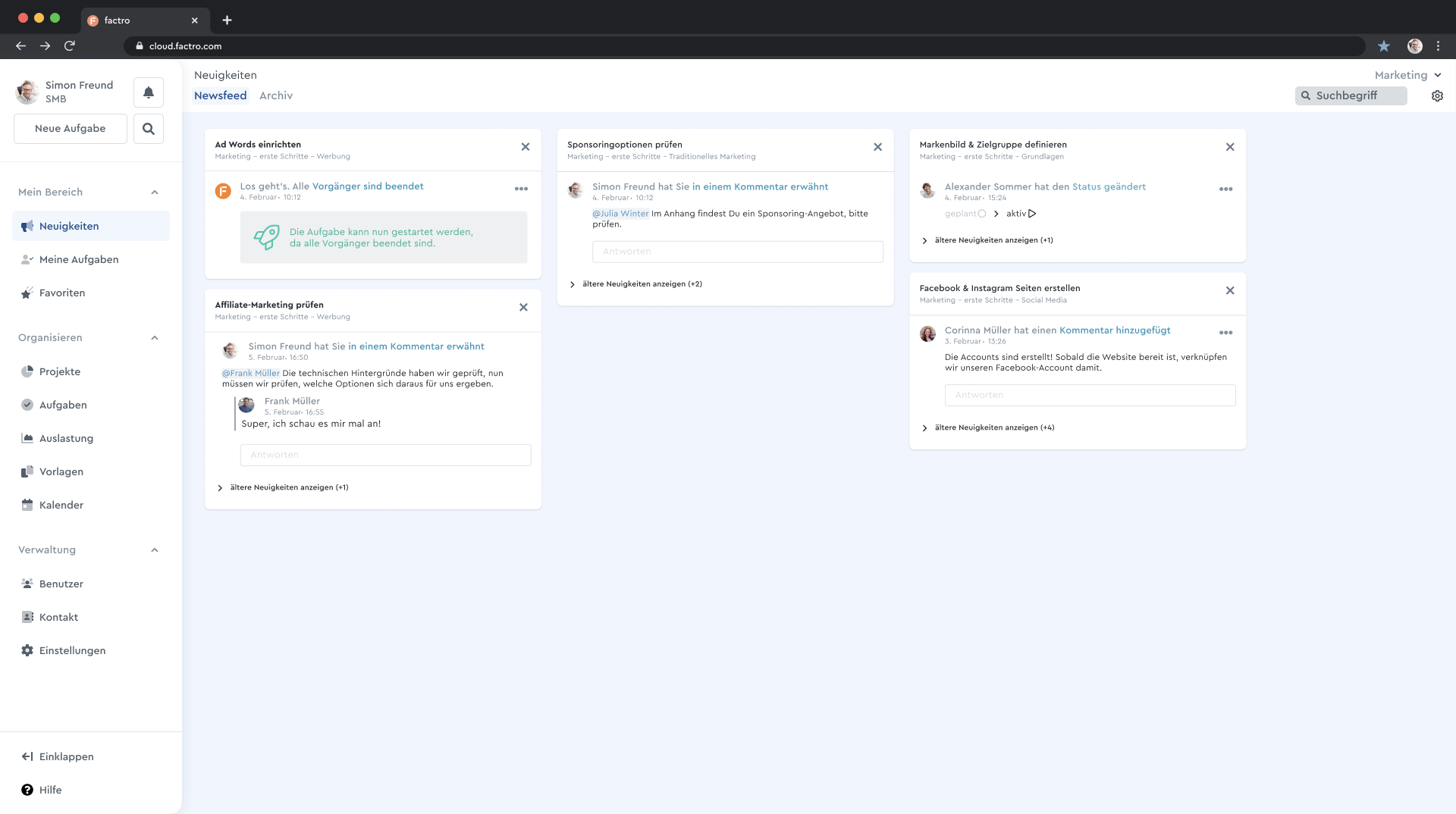 Newsfeed in der Projektmanagement-Software factro