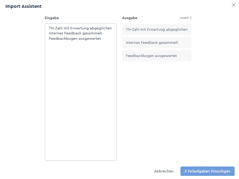 Teilaufgaben werden über den Import-Assistenten hinzugefügt