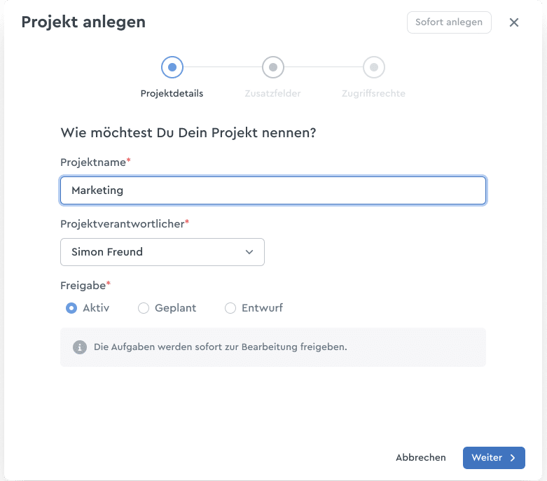 Maske in factro zur Neuanlage eines Projekts