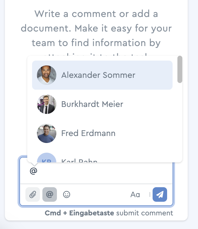 After entering @ you can directly select your team member or start typing the name