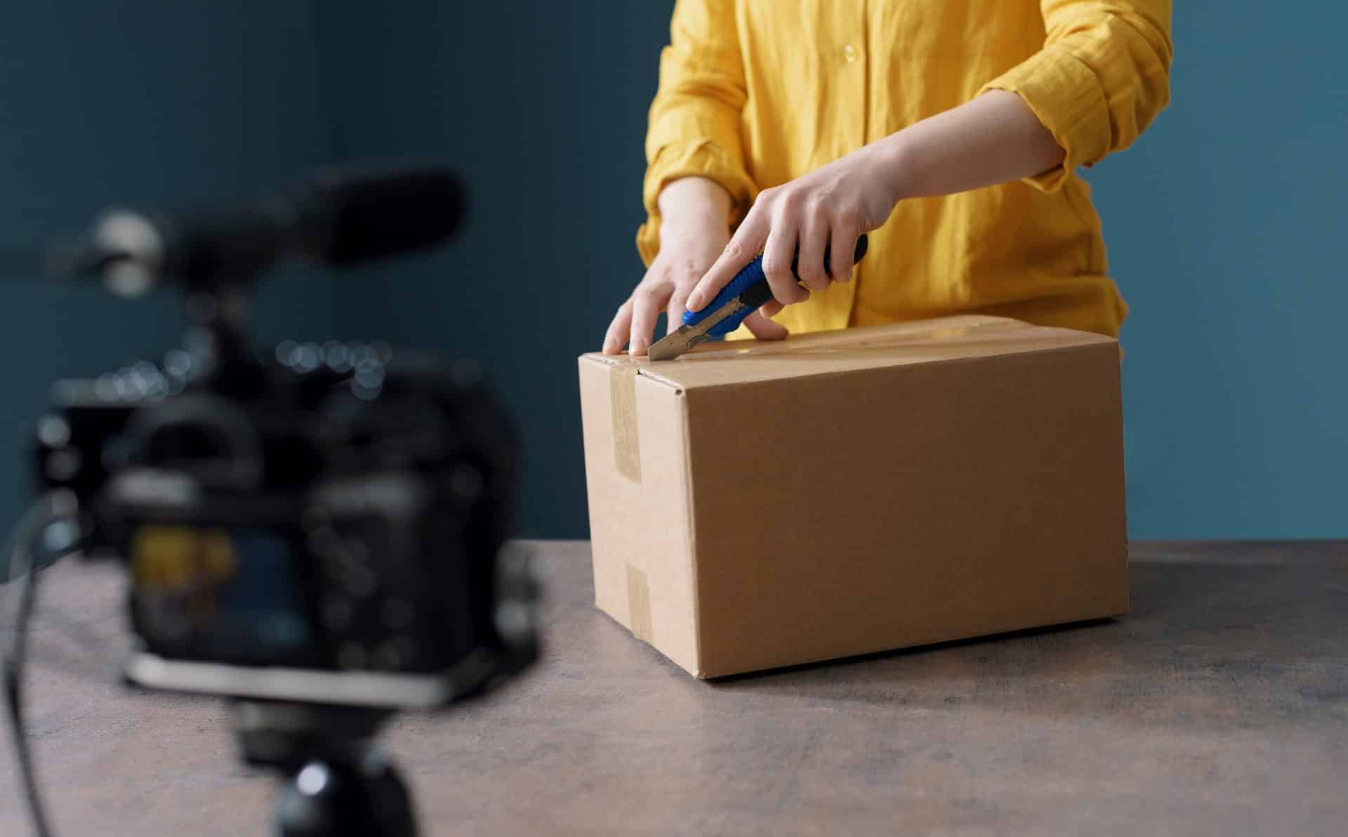 Ein Karton wird vor einer Kamera ausgepackt