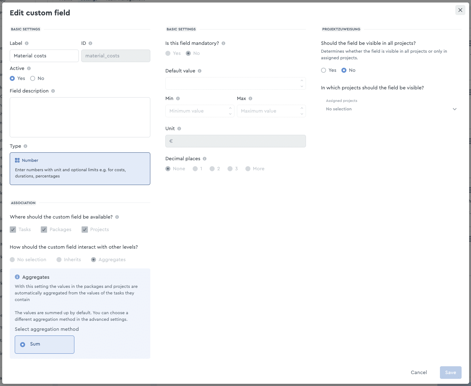 Number field "Material costs" is created