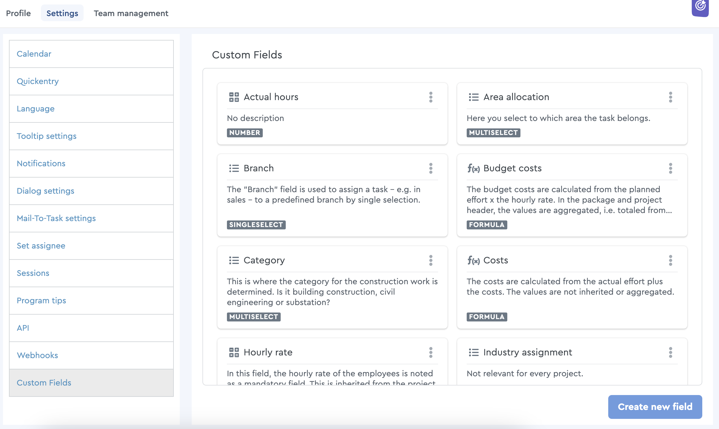 The custom field overview in factro