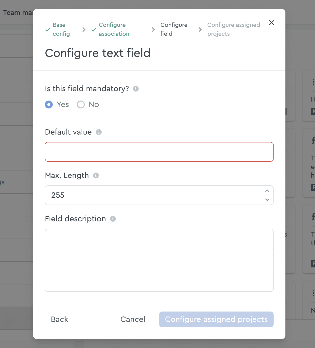 Selection of mandatory field and default value