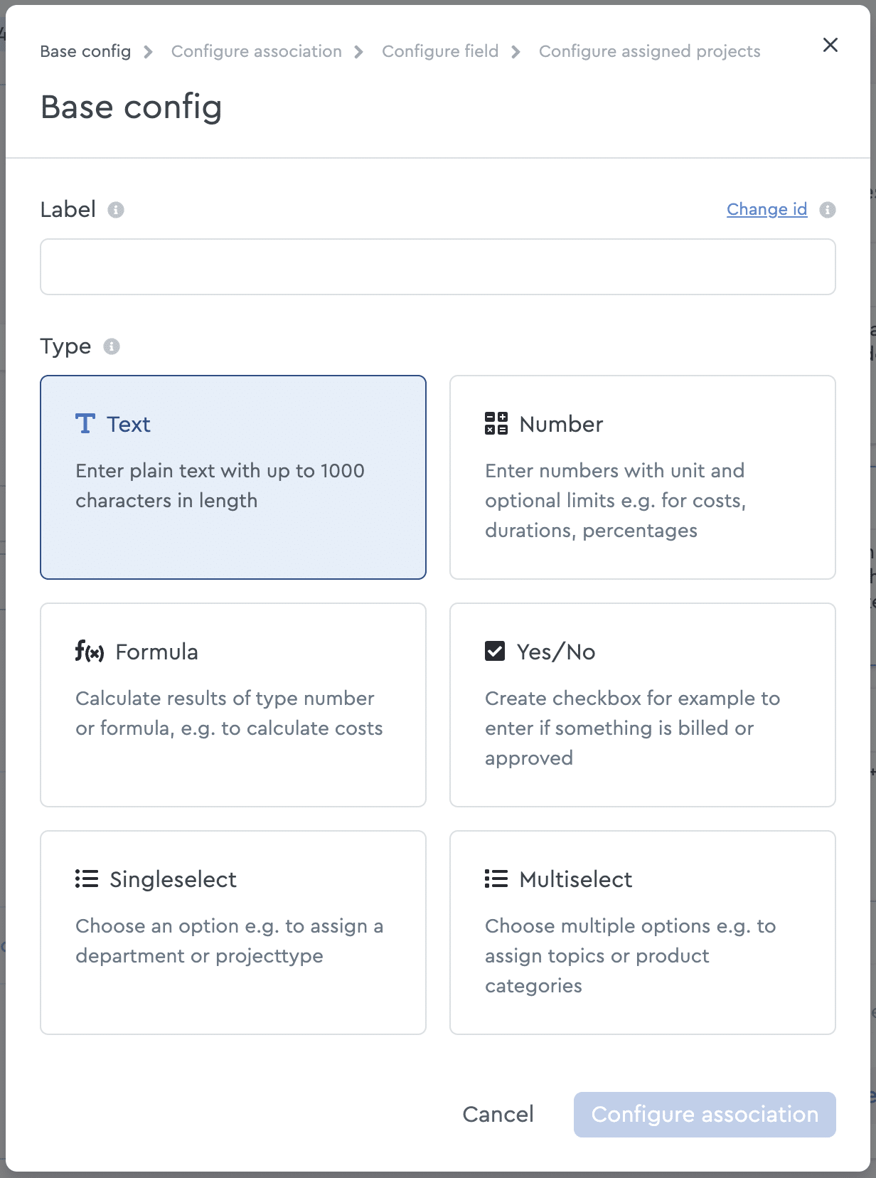 The six different field types in factro