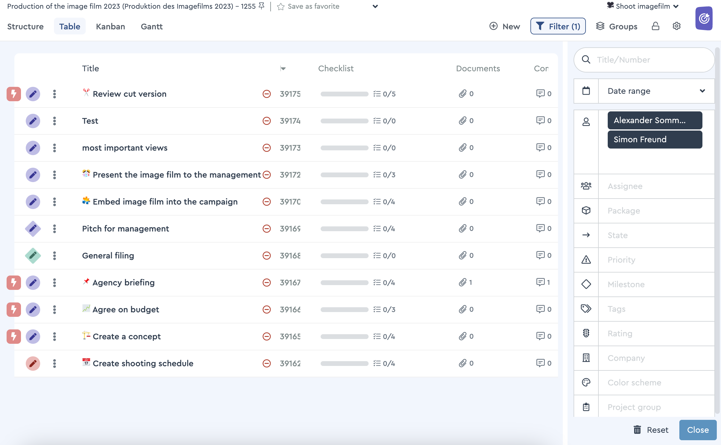 The project is filtered by custom fields