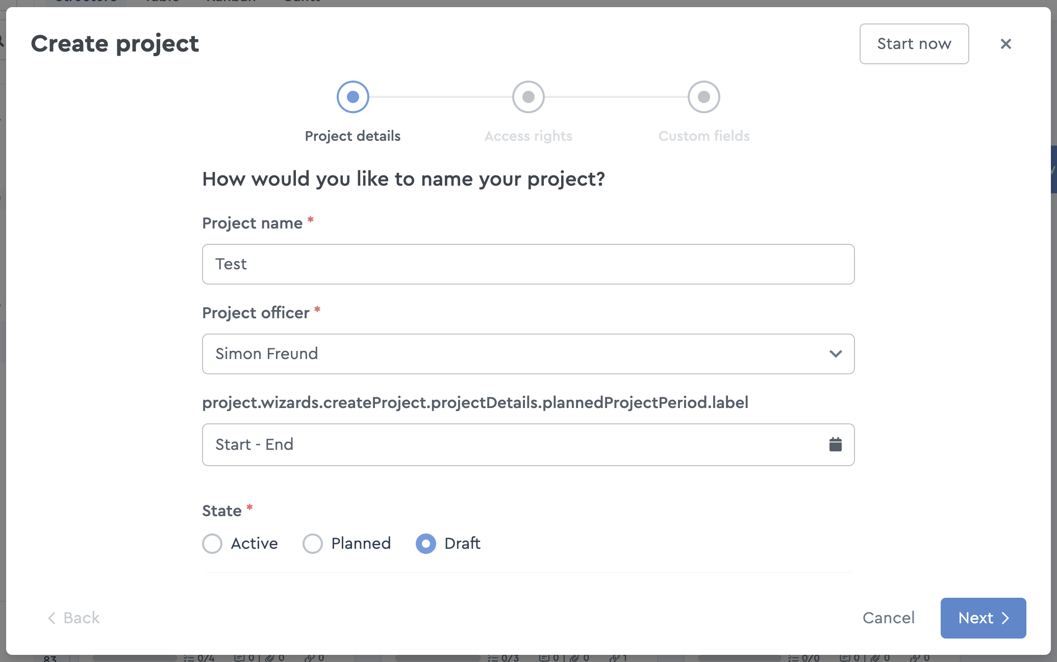 Create a new project as a draft