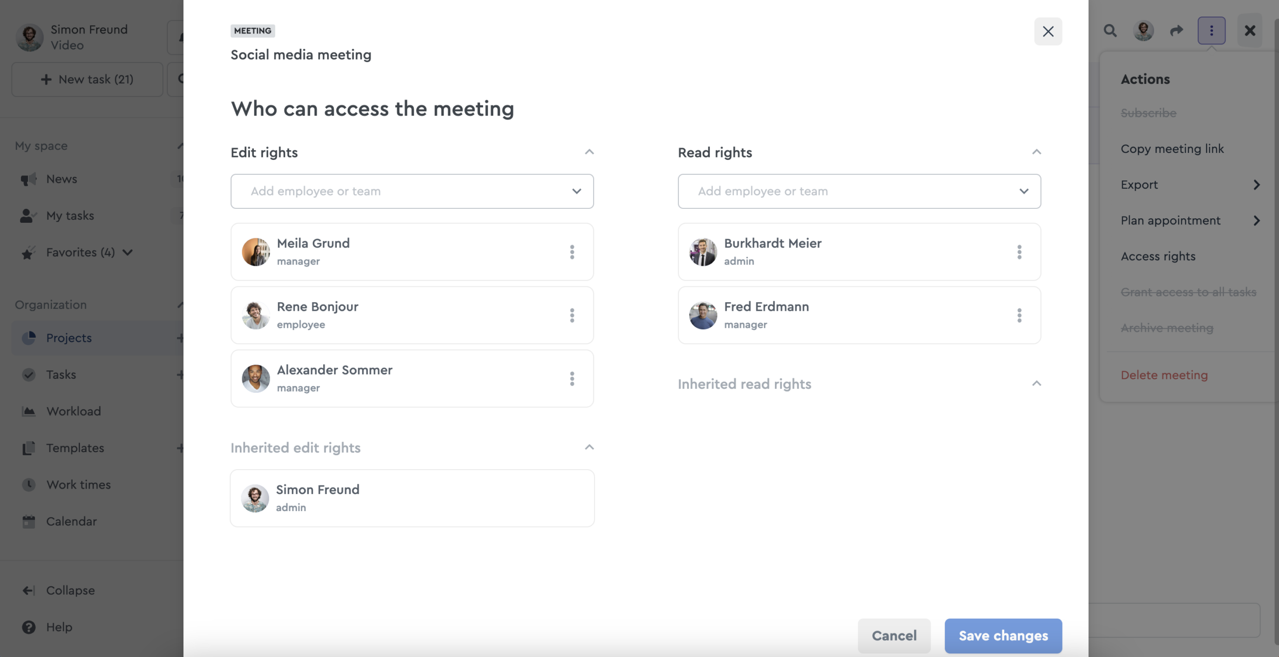 Set access rights for your meeting.