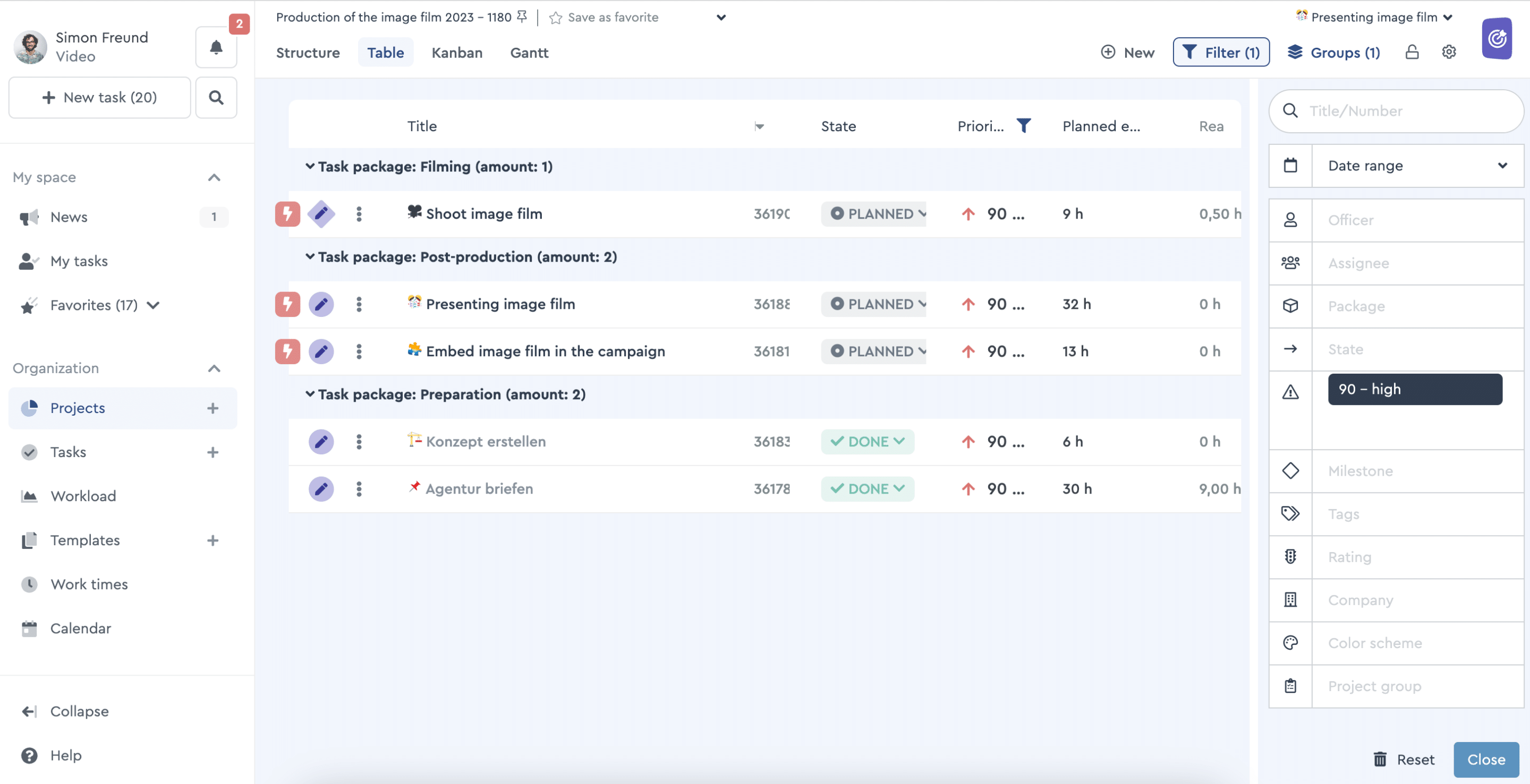 The search via the factro project table view