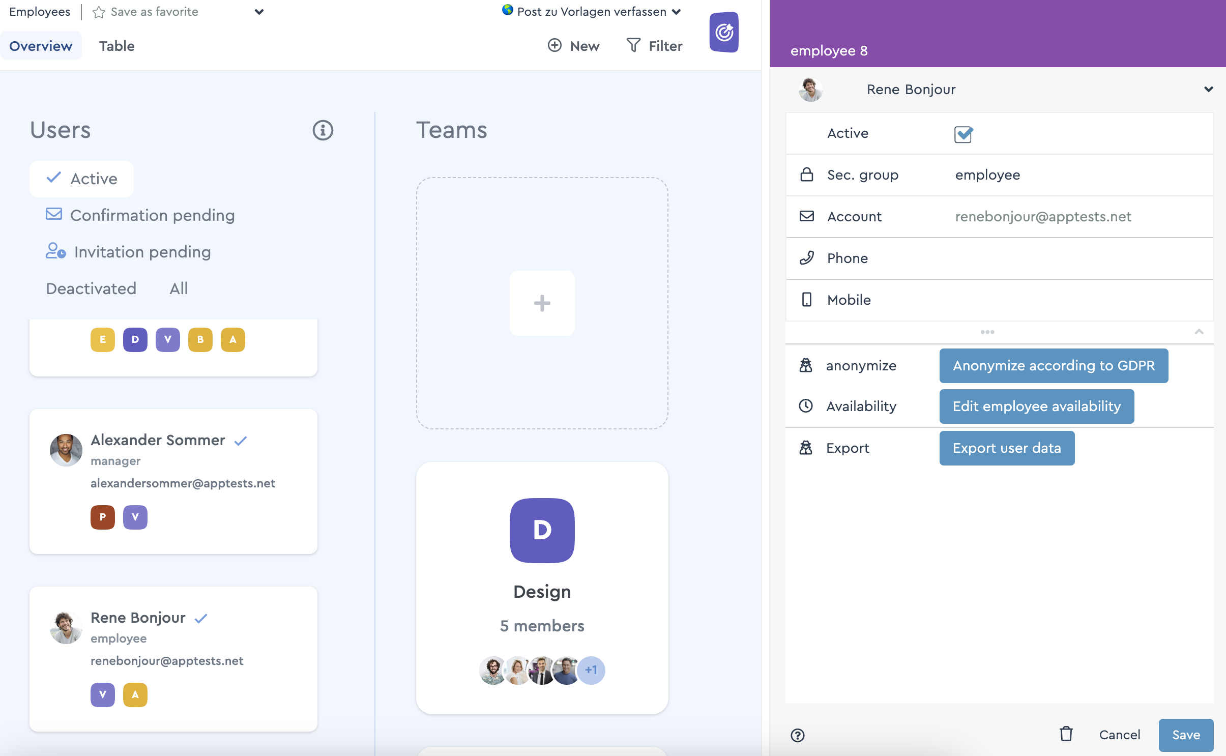 Anonymize a user via the user management