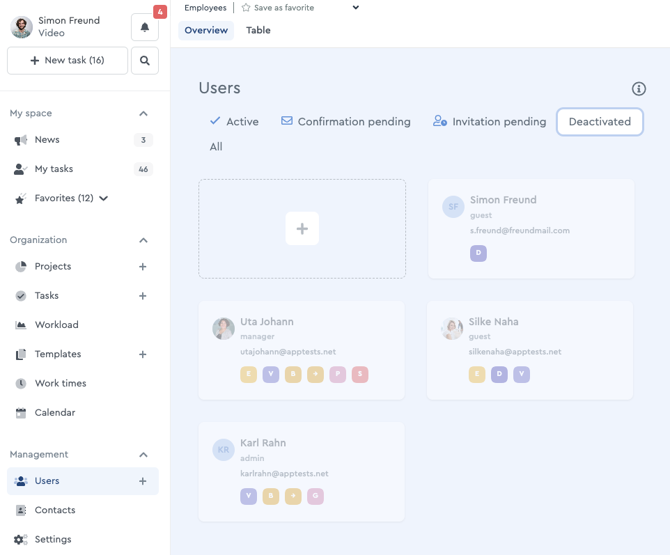 Deactivated users in the factro user management