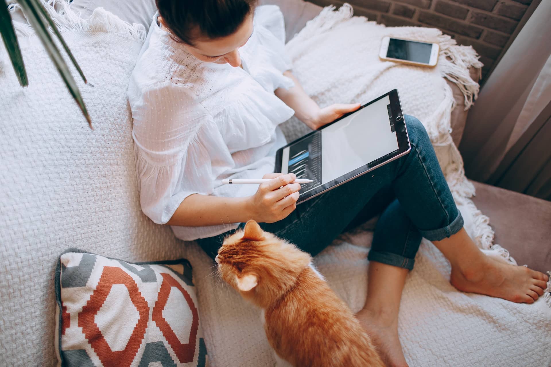 Eine Frau arbeitet mit ihrem Tablet, eine Katze sitzt daneben
