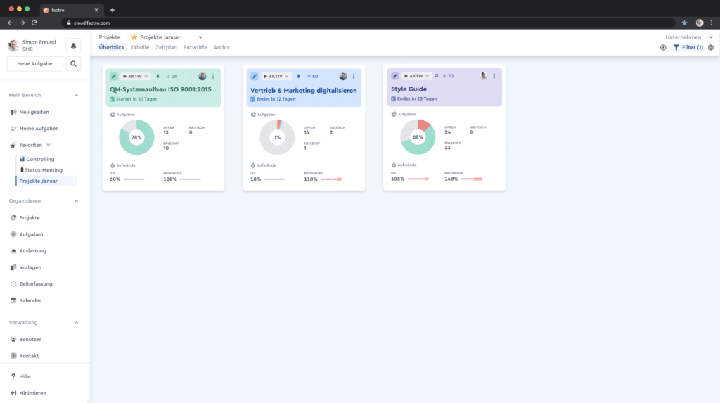 Projektüberblick in factro