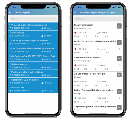 factro Mobile App enthält eine Projektliste sowie eine projektbezogene Aufgabenliste