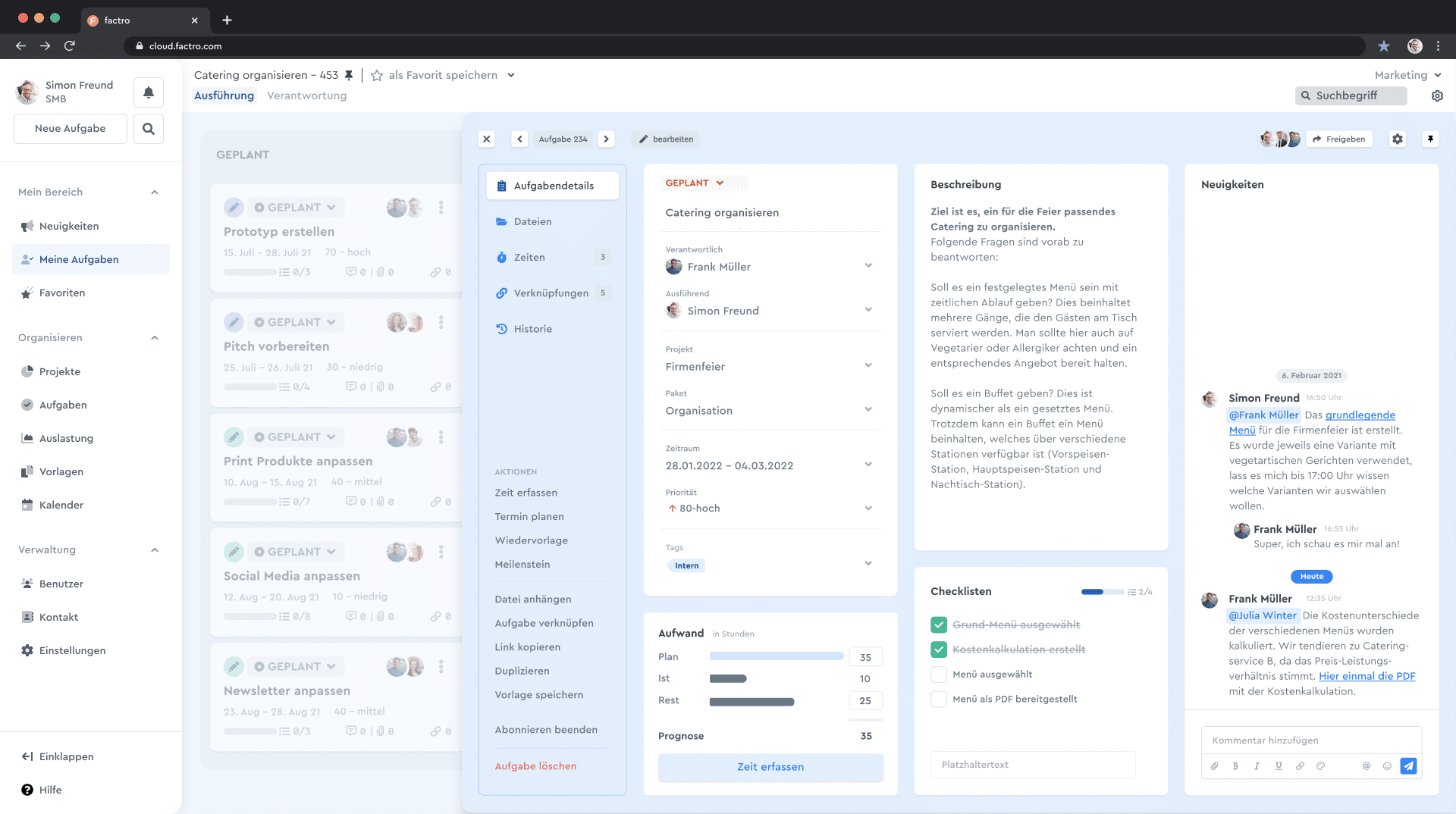 Aufgabendetails in der Projektmanagement-Software factro