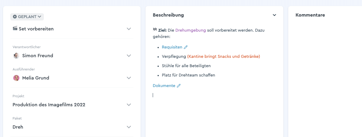 Beschreibungsfeld einer factro Aufgabe