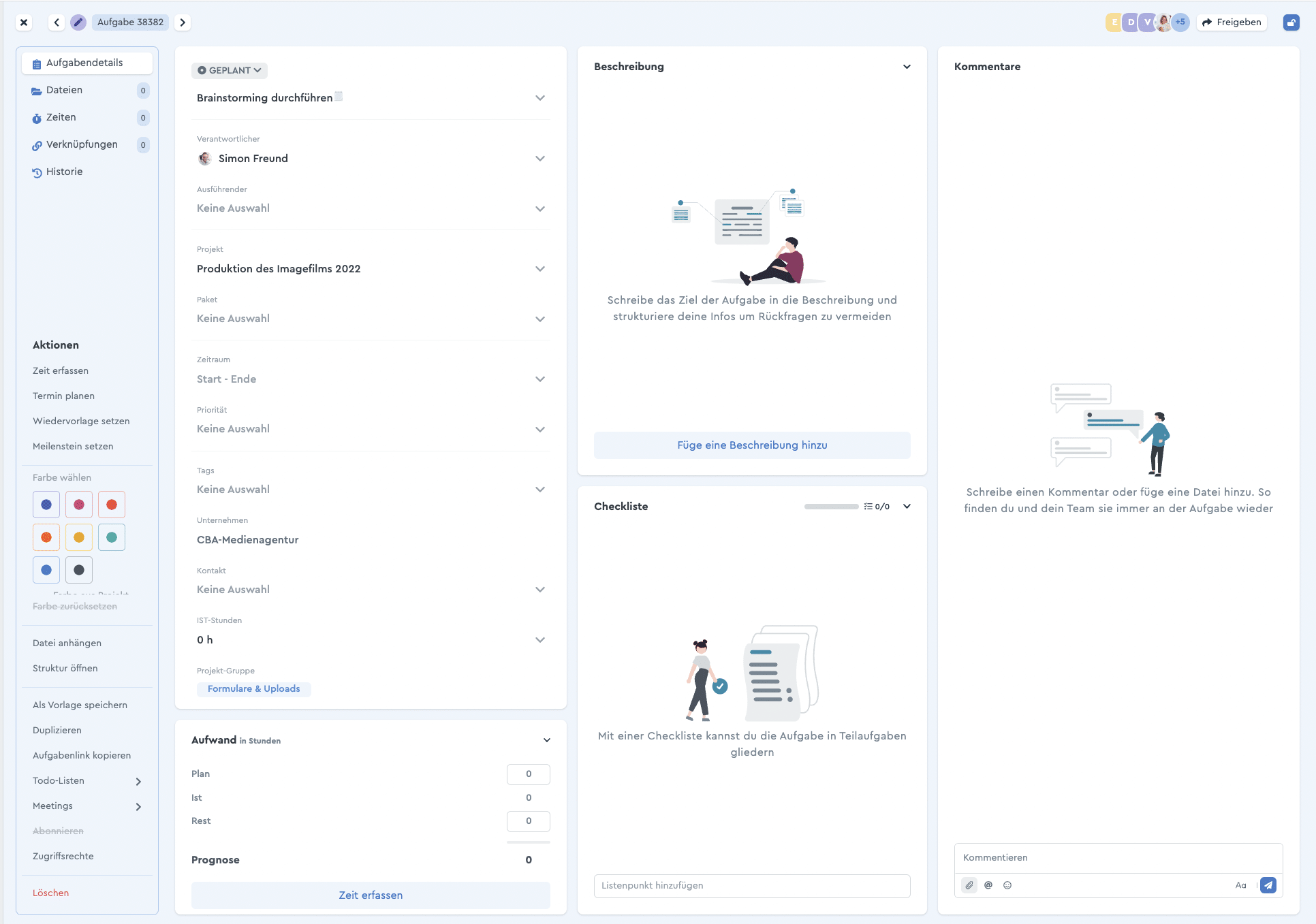 Gesamtüberblick der Aufgabendetails in factro