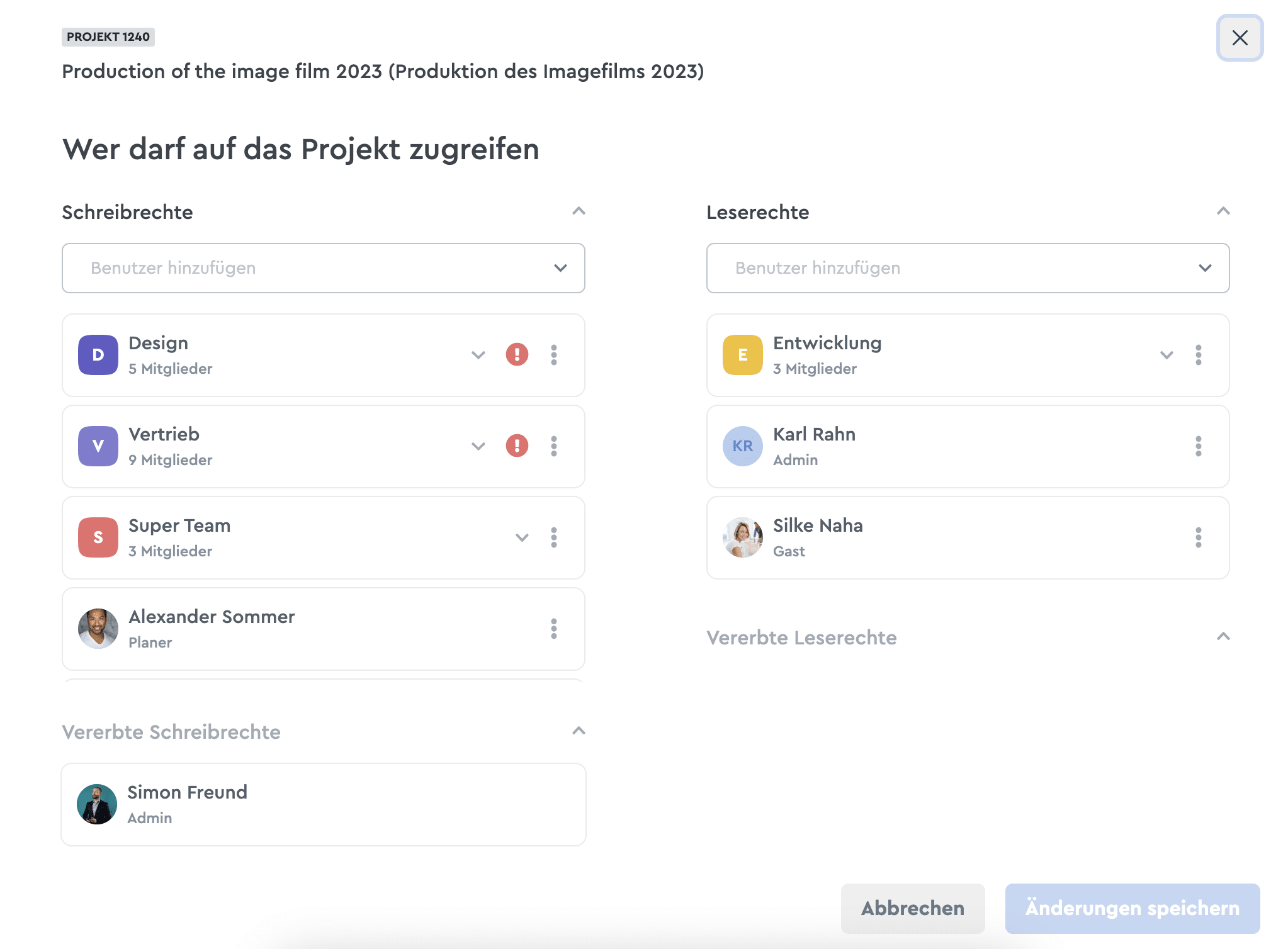 Ein Screenshot der Rechtevergabe factro in einem Projekt