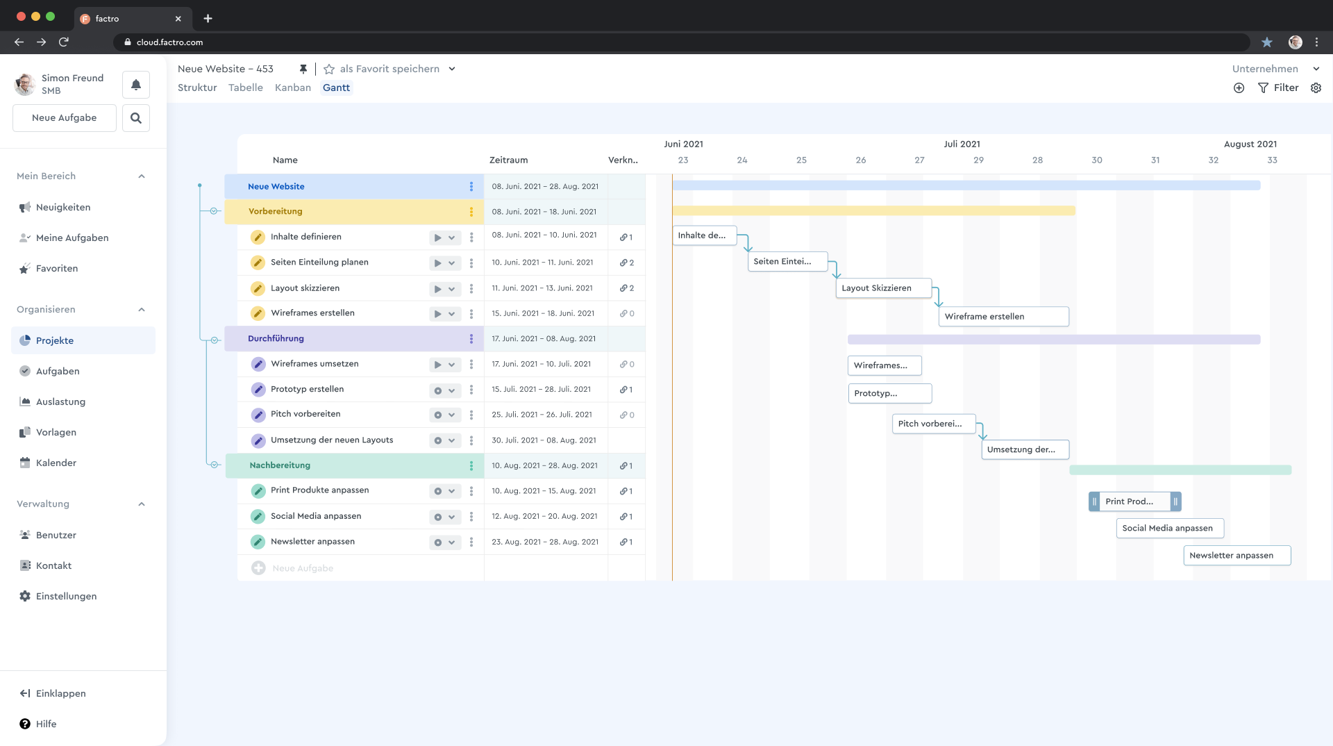 Gantt-Diagramm in der Projektmanagement-Software factro