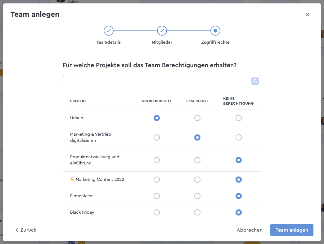 Lege die Zugriffsrechte des Teams fest