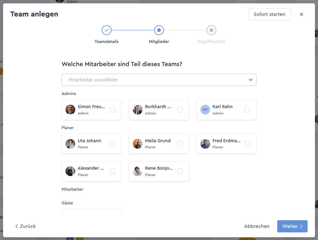 Wähle die Mitglieder für Dein Team