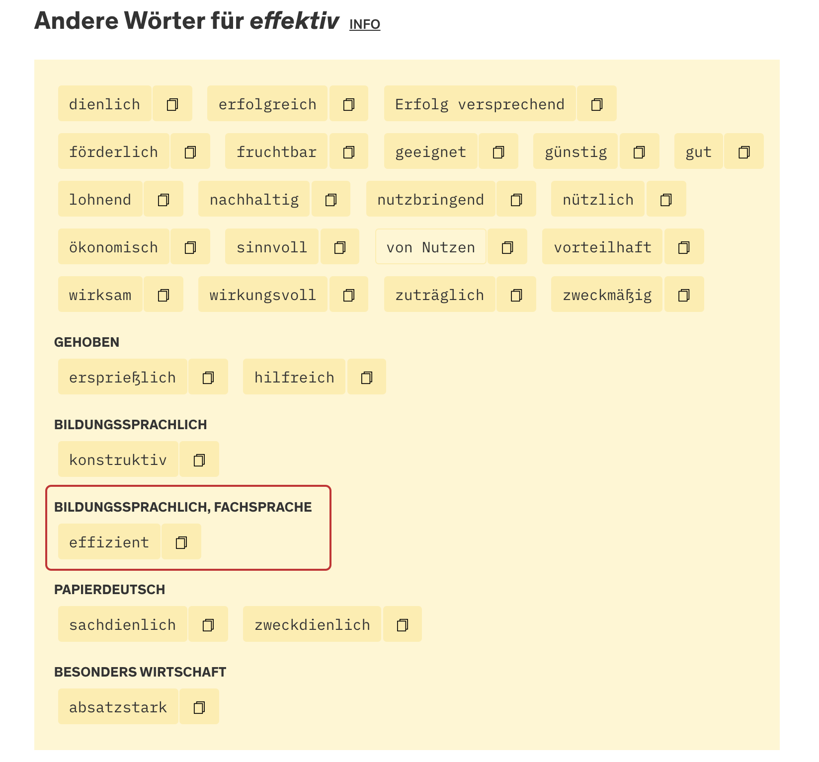 Screenshot Duden Synonyme Wörter im Vergleich