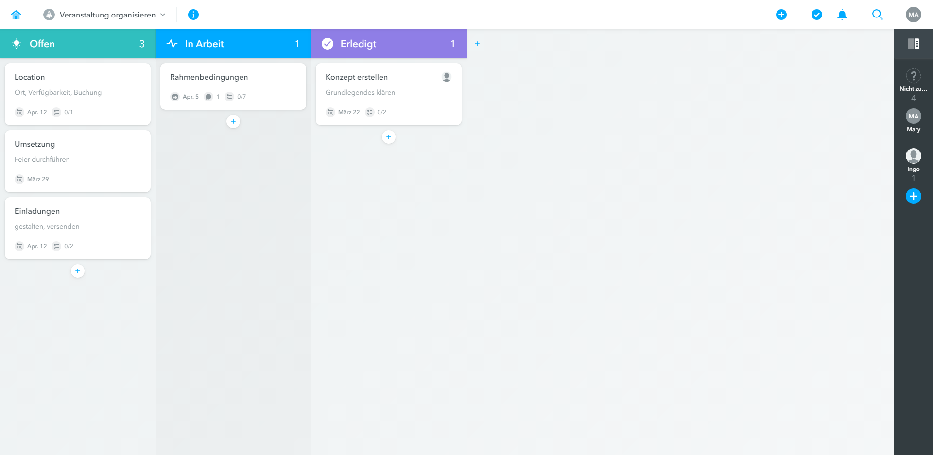 Kanban-Board des Projektmanagement-Tools Meistertask