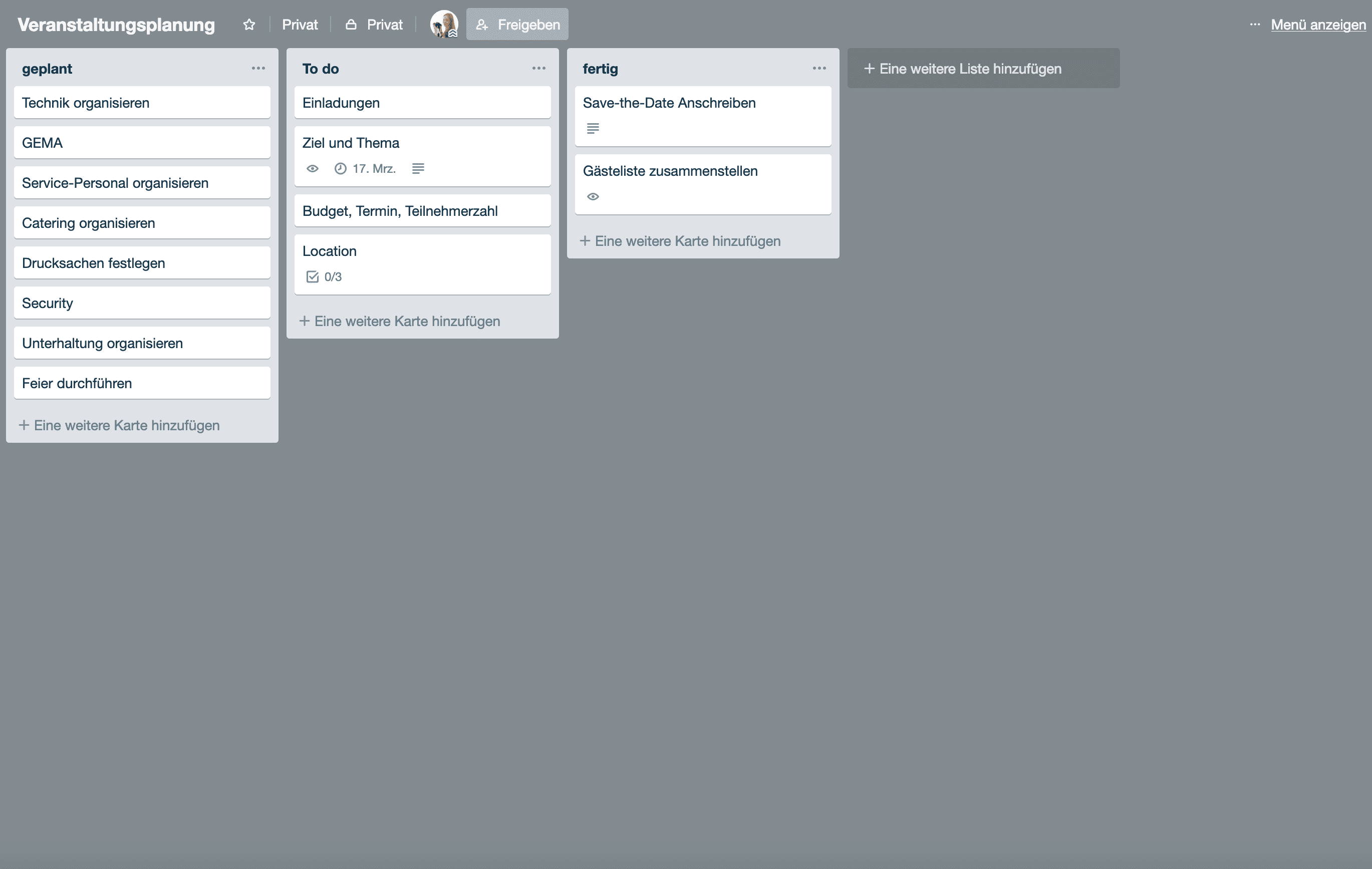 Kanban Board des Projektmanagement-Tools Trello