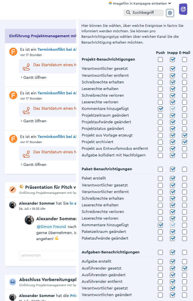 Die Einstellungen der factro Push-Benachrichtigungen