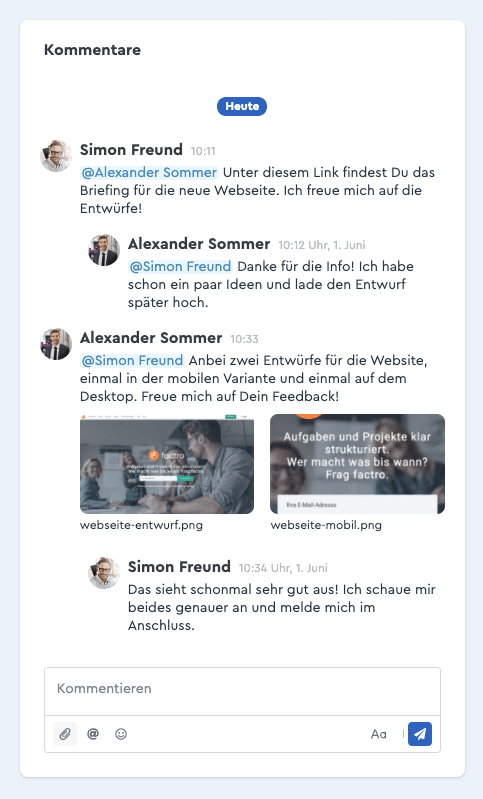 Ein Screenshot des factro Kommentarverlaufs mit integrierten Dateien