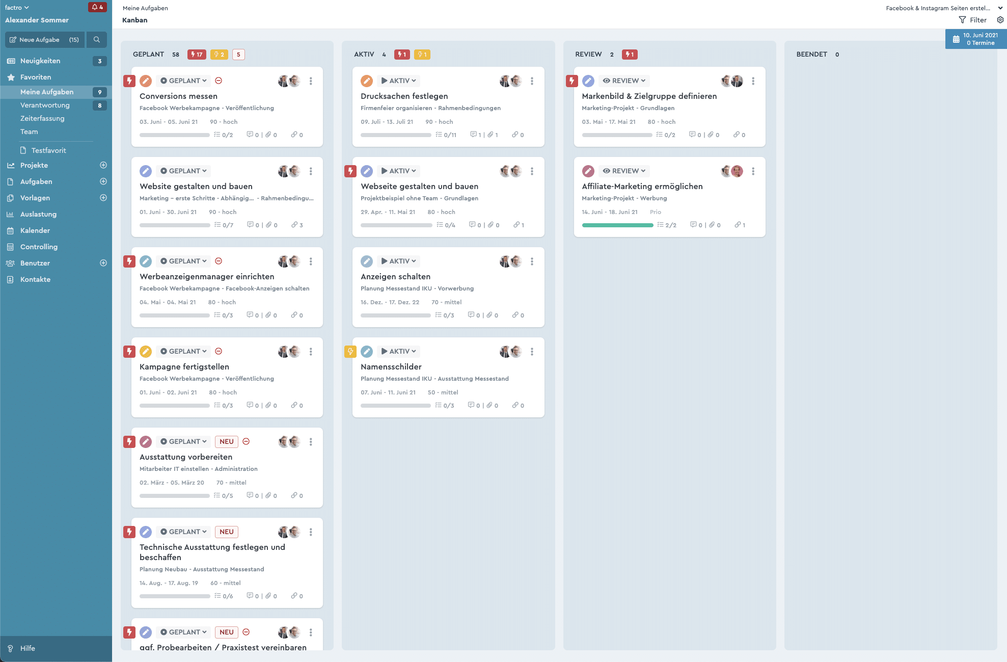 Ein Screenshot des factro Bereichs "Meine Aufgaben", der ein projektübergreifendes Kanban Board zeigt