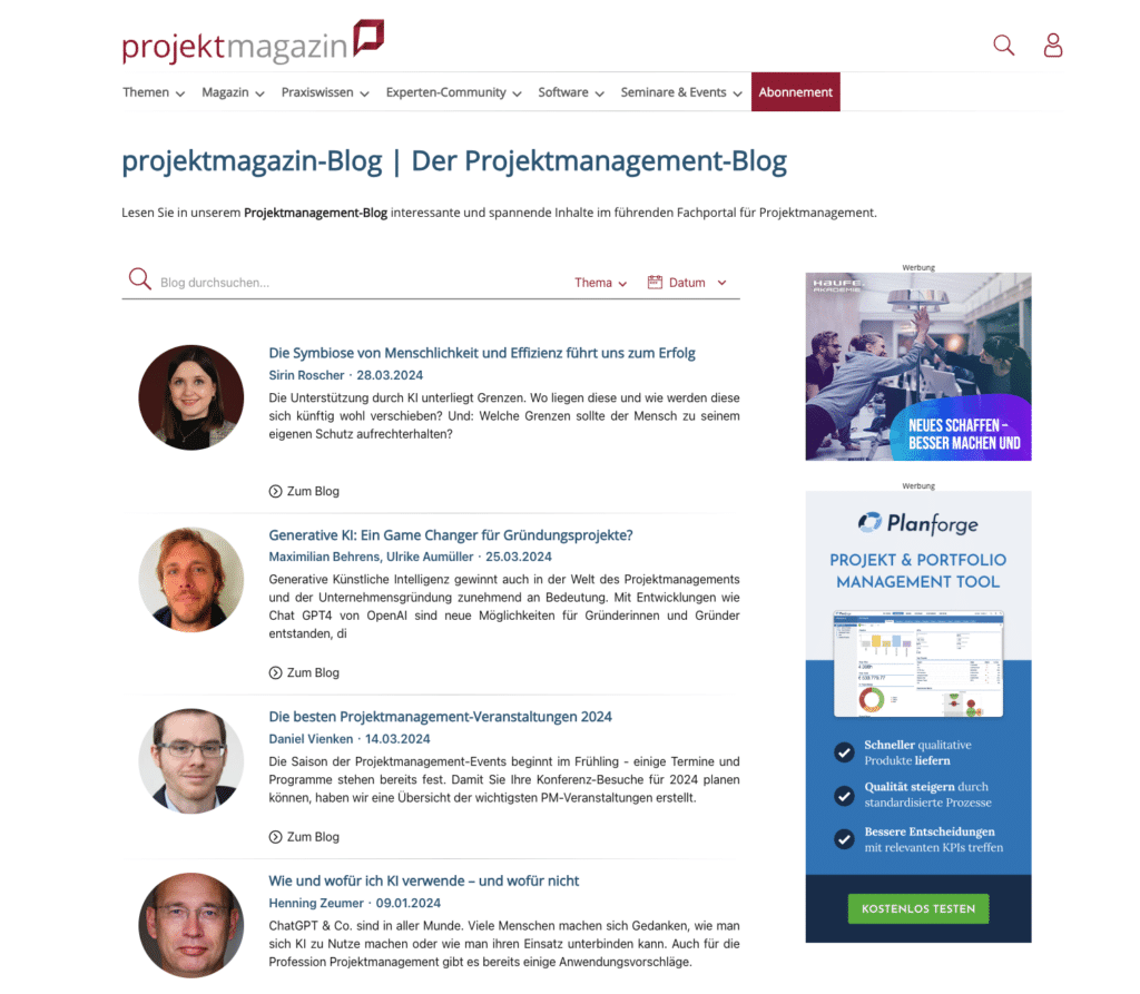 Ein Screenshot des projektmagazin Blogs