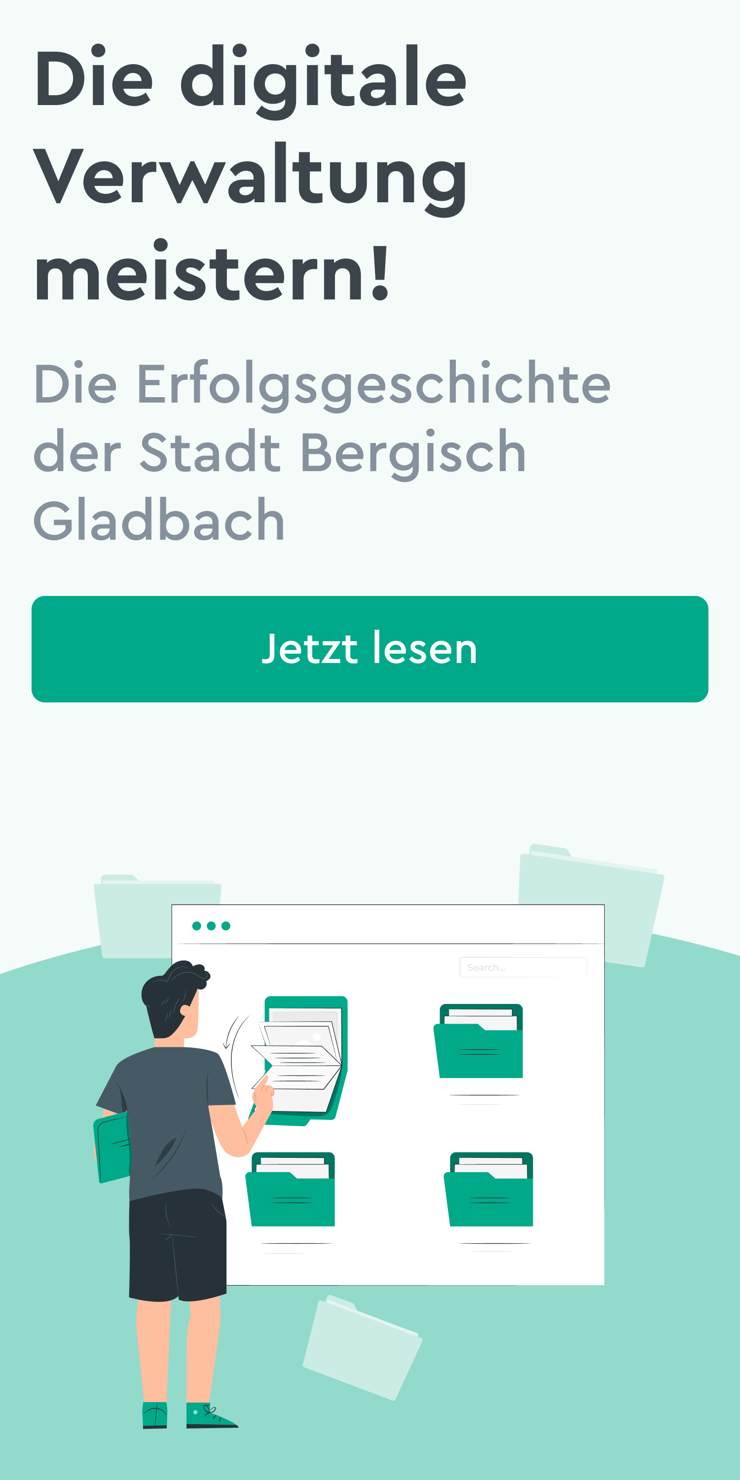 Ein klickbares Bild mit der Aufschrift "Die digitale Verwaltung meistern! Die Erfolgsgeschichte der Stadt Bergisch Gladbach. Jetzt lesen."