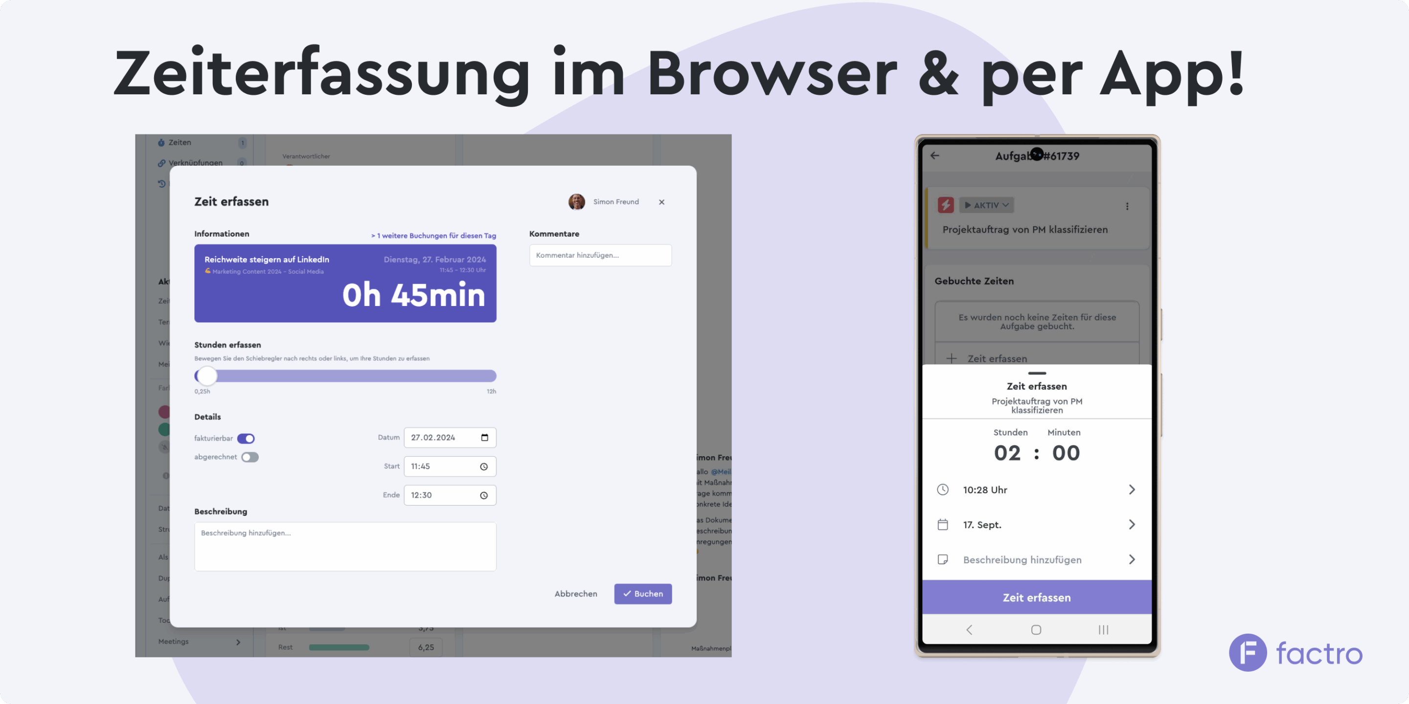 Ein Visual, dass die Zeiterfassung im Browser und auf dem Smartphone zeigt