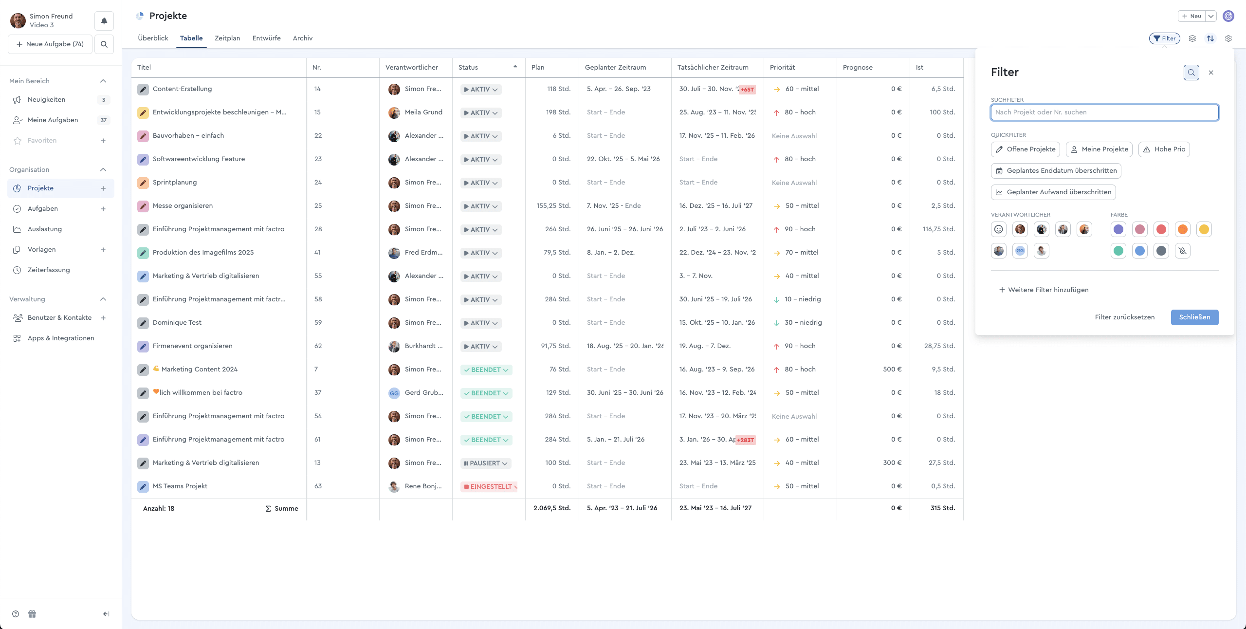 Eine Übersicht der factro Projekte in der Tabelle