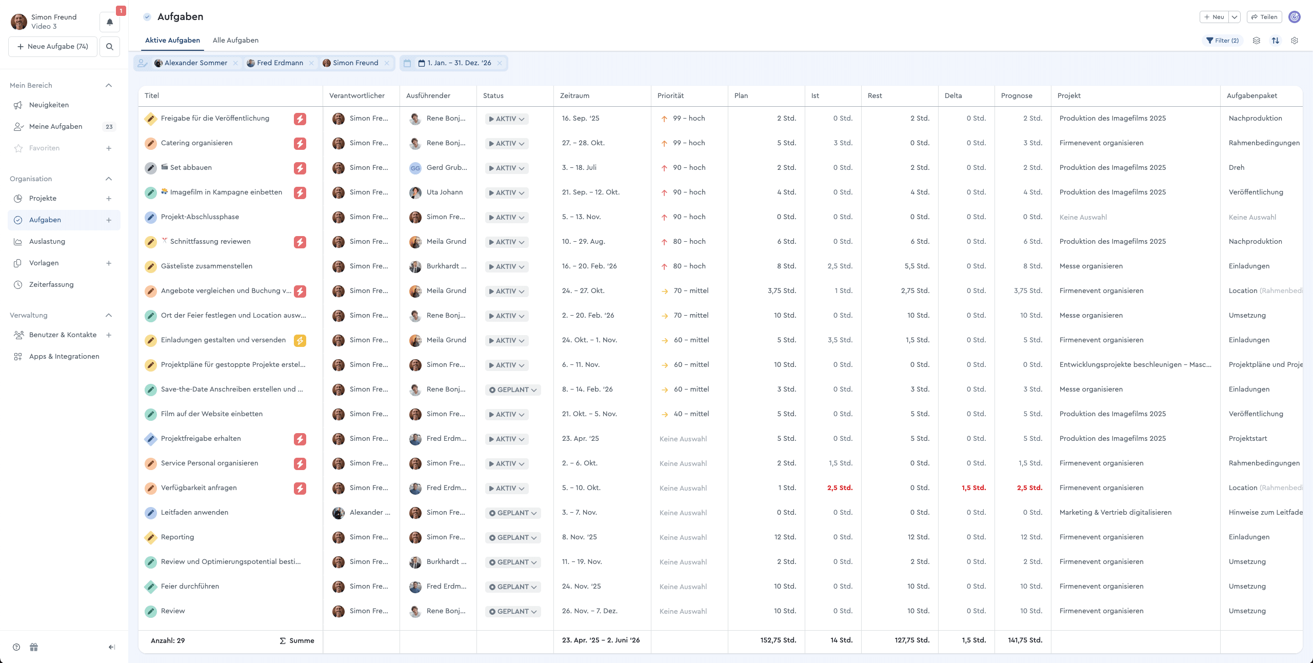 Ein Screenshot der aktiven Aufgaben in factro