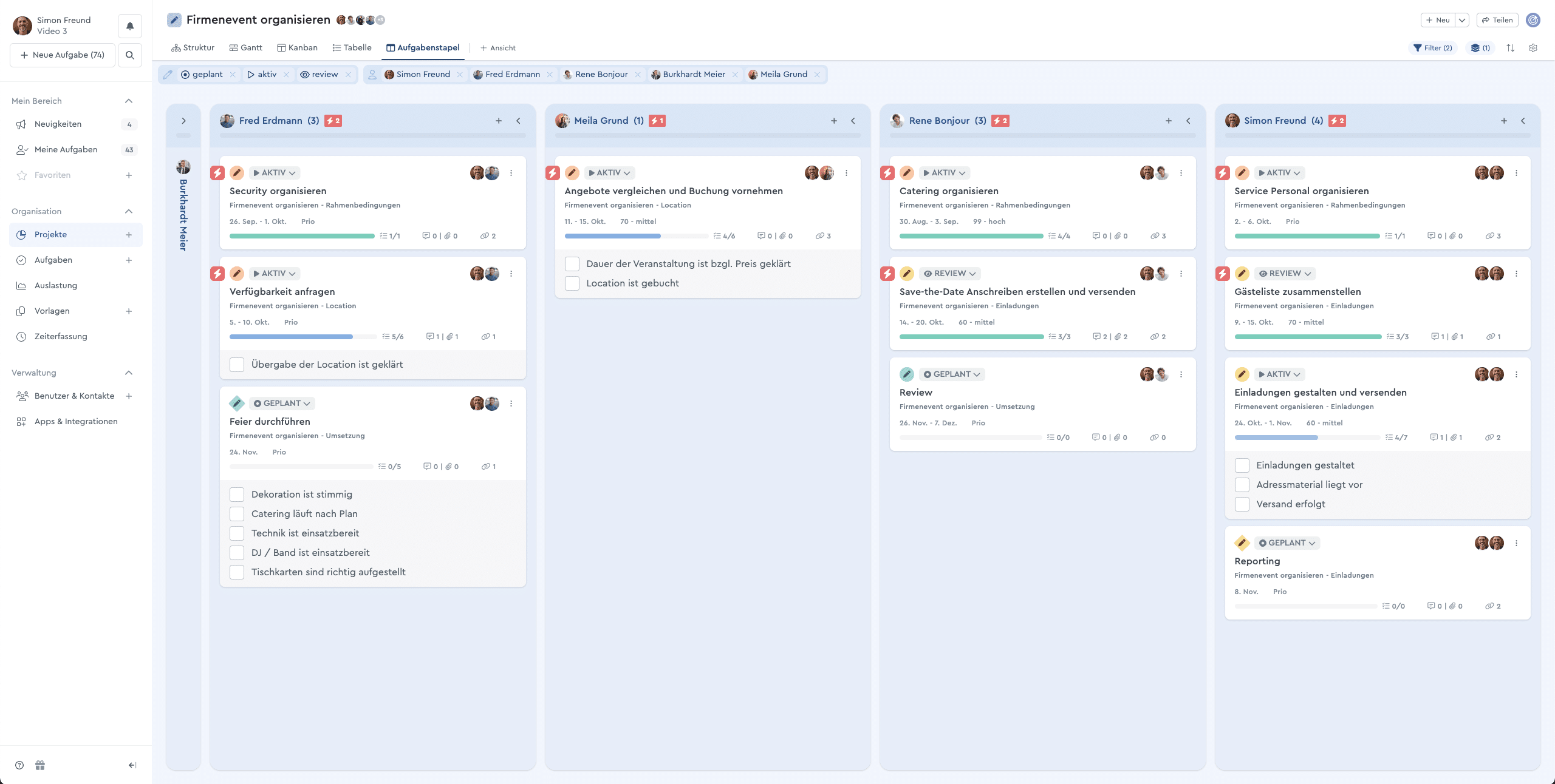 Ein Screenshot des Aufgabenstapels in factro