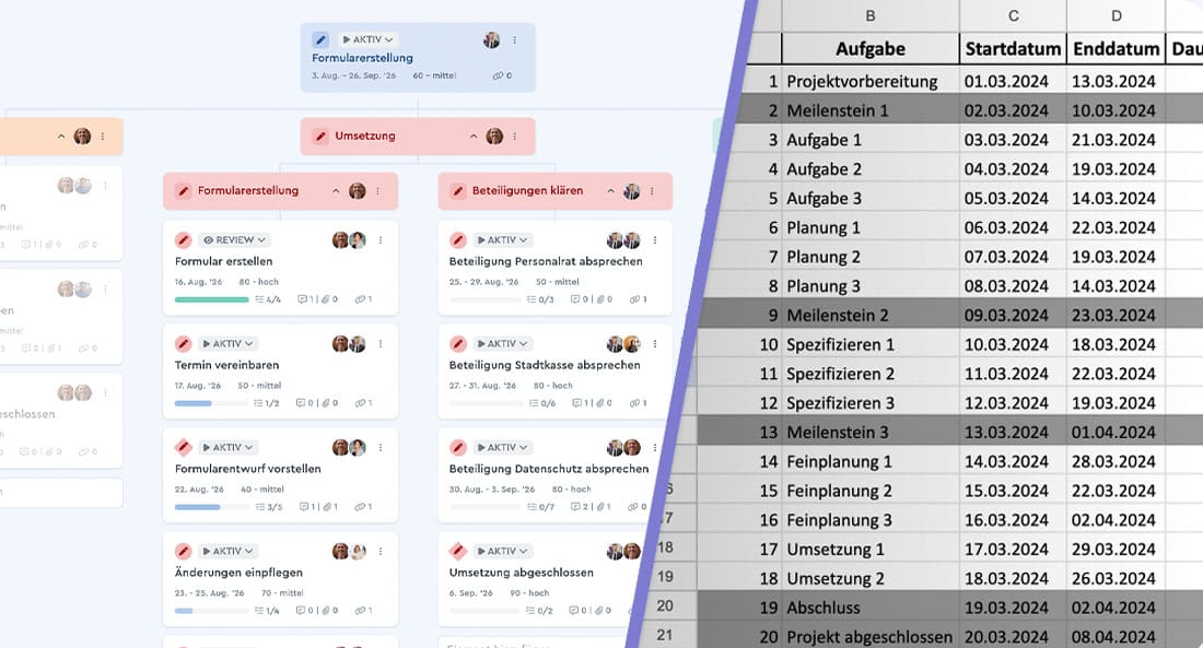FormularerstellungVergleich Projektstrukturplan Vorlage für Formularerstellung im Vergleich mit einer Aufgabenliste in Excel