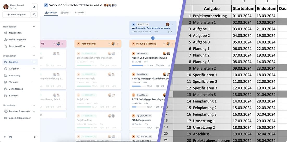 Projektstrukturplan Vorlage für die Konzeption eines Workshops für die Schulung zur Schnittstelle zu enaio im Vergleich mit einer Aufgabenliste in Excel