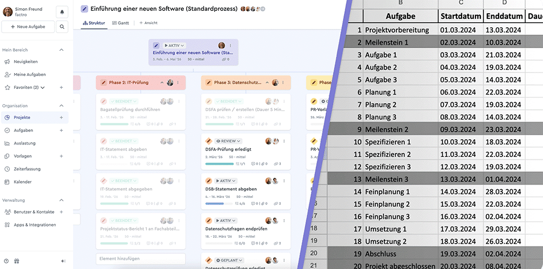 einfuehrungEinerSoftwareSplit Projektstrukturplan Vorlage für die Einführung einer neuen Software in der Öffentlichen Verwaltung im Vergleich mit einer Aufgabenliste in Excel