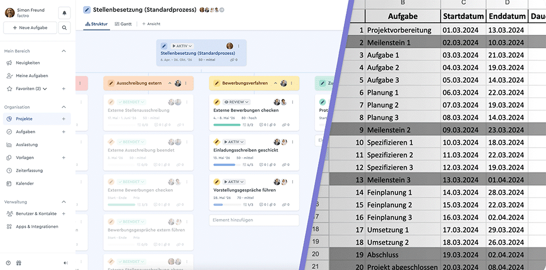 stellenbesetzungSplit Projektstrukturplan Vorlage für die Stellenbesetzung in der Öffentlichen Verwaltung im Vergleich mit einer Aufgabenliste in Excel