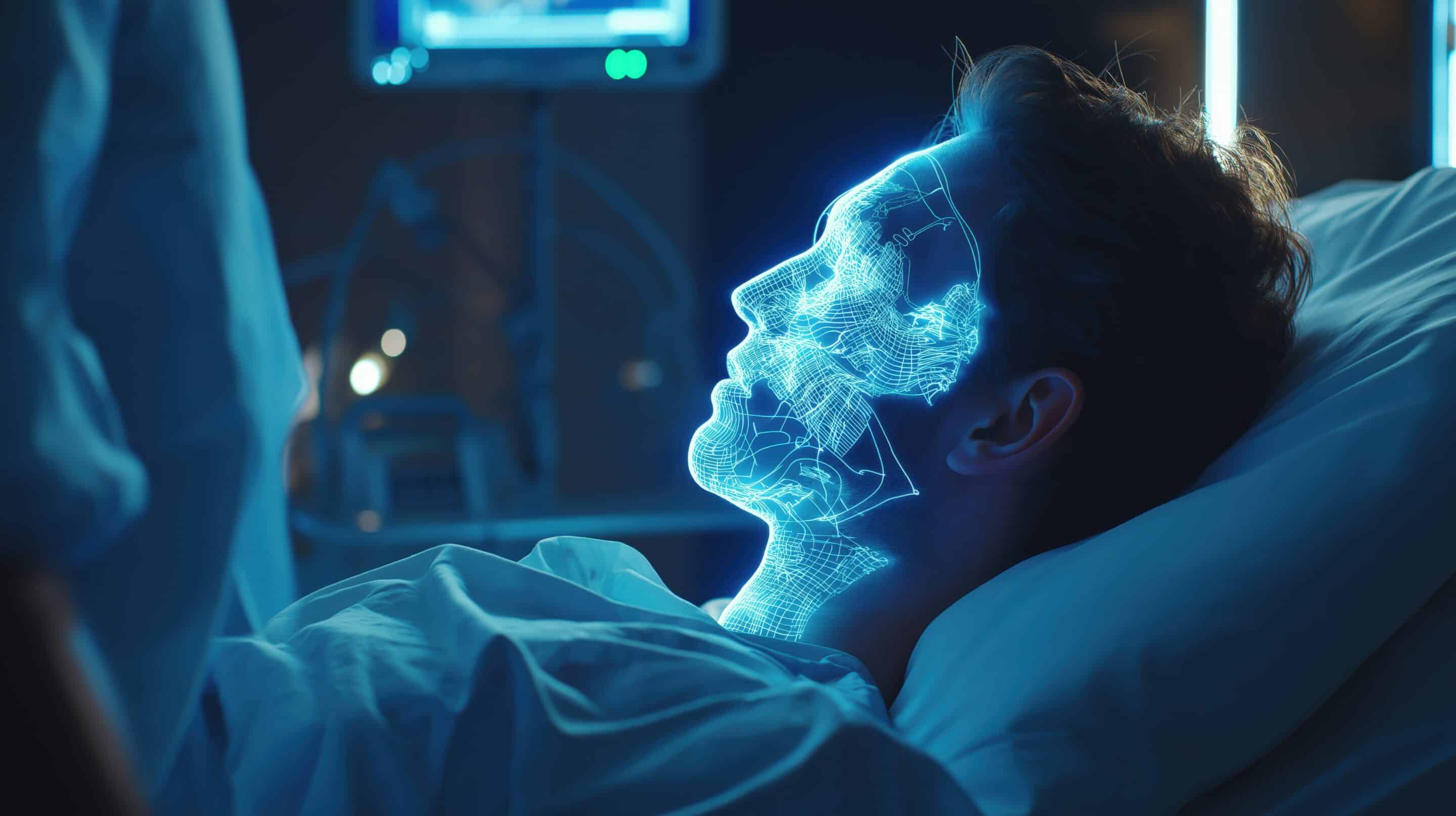 Eine Person liegt im Bett auf einem Kissen und hat KI-Technologie als Gesicht.