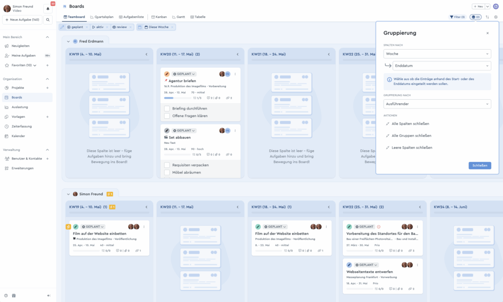 Ein Screenshot des factro Teamboards in der Kanban Ansicht