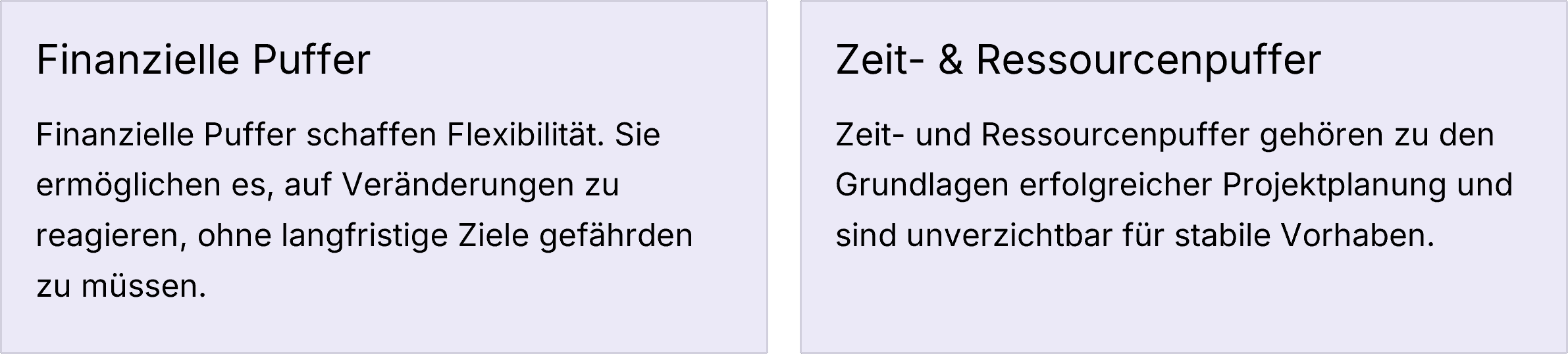 Zweigeteilte Infografik zu Puffern in der Planung. Links wird erklärt, dass finanzielle Puffer Flexibilität schaffen und Reaktionen auf Veränderungen ermöglichen, ohne langfristige Ziele zu gefährden. Rechts wird hervorgehoben, dass Zeit- und Ressourcenpuffer eine wichtige Grundlage erfolgreicher Projektplanung und stabiler Vorhaben sind.