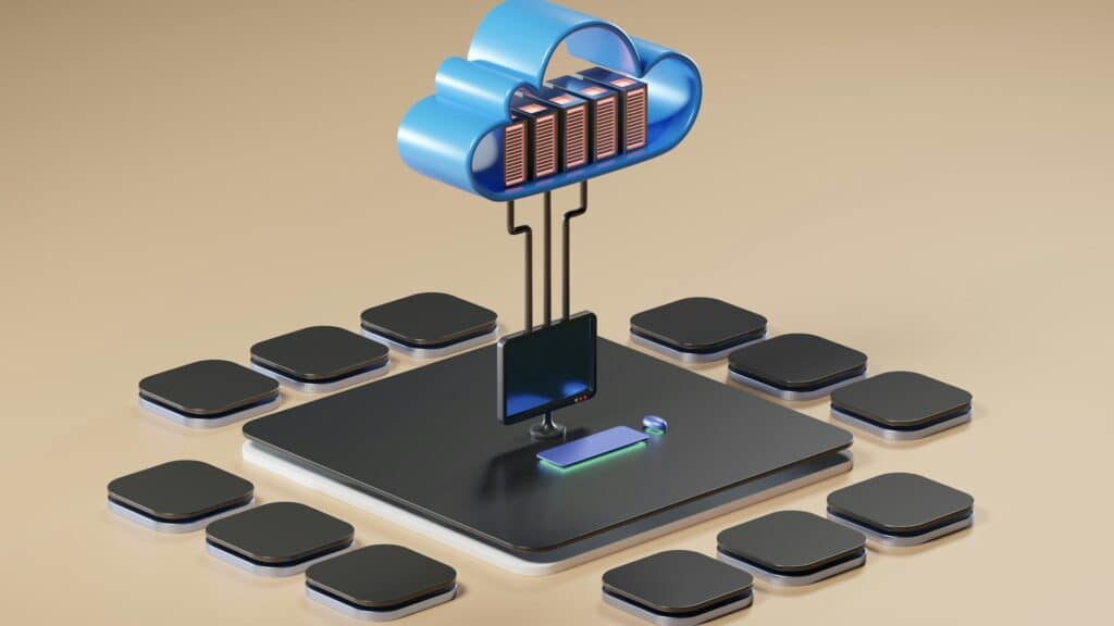 Cloud Computing in der Öffentlichen Verwaltung Eine Wolke schwebt über verschiedenen Bauteilen